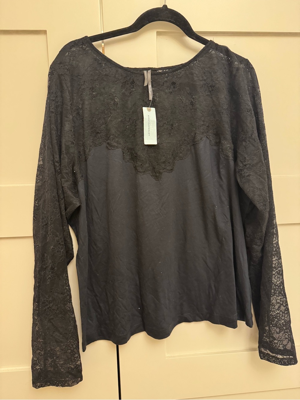 Anthropologie Black Lace Yoke Long Sleeve Tee